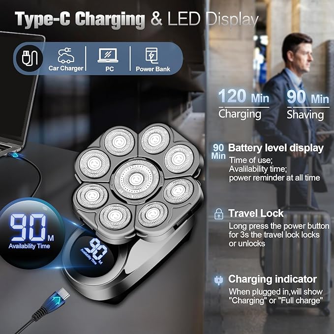 9D Electric Head Shavers for Bald Men, Upgraded 5-in-1 Waterproof Wet/Dry Grooming Kit Electric Shaver for Men, Cordless Rechargeable Bald Head Razor for Home&Travel