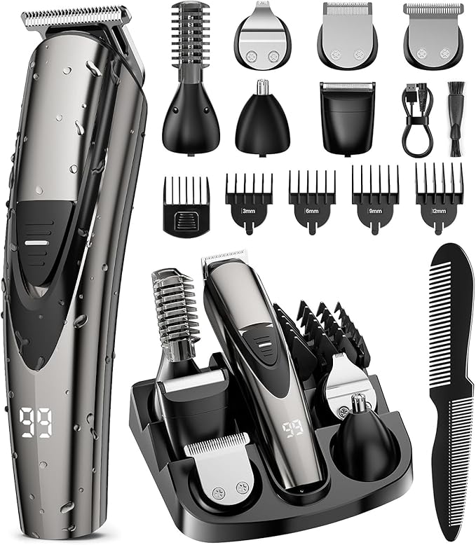 Beard Trimmer for Men: Professional Barber Hair Clippers - 16-in-1 Cordless Grooming Kit - Waterproof Electric Razor with Turbo Speed & Precision Blades