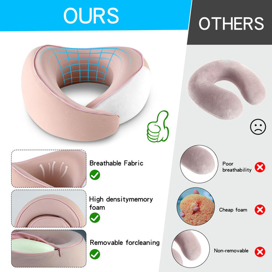 SUPHONOR Adjustable Memory Foam Pink U-Shaped Travel Pillow with Luxurious Knitted Cotton Cover, Slow-Rebound Design for Airplane Travel and Neck Comfort, Ideal Traveler Gift