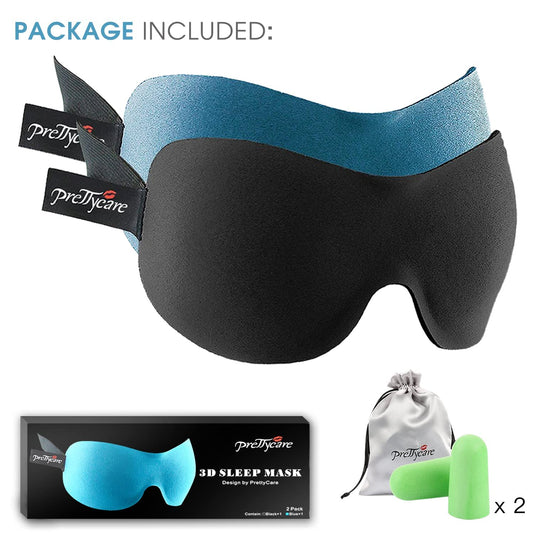 PrettyCare 3D Sleep Mask 2 Pack,Eye Mask for Side Sleeper 3D Contoured Sleeping Mask Blackout Out for Men- Blindfold Airplane with Ear Plugs, Night Masks with Travel Bag (Black&Blue)