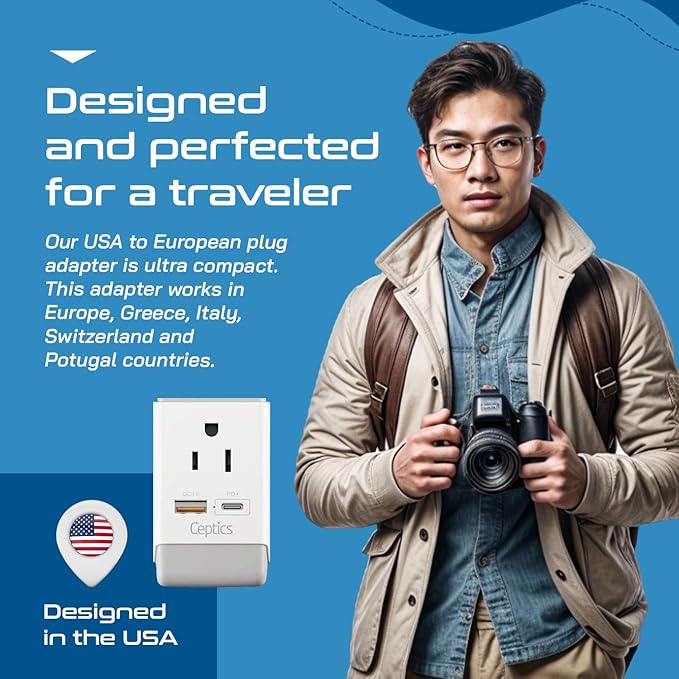 Ceptics European Plug Adapter, International Power Plug with USB & USB-C - 2 USA Socket, QC 3.0 & PD -Type C Outlet Adaptor Charger for Spain France Germany Greece Turkey Portugal, Fast Charging
