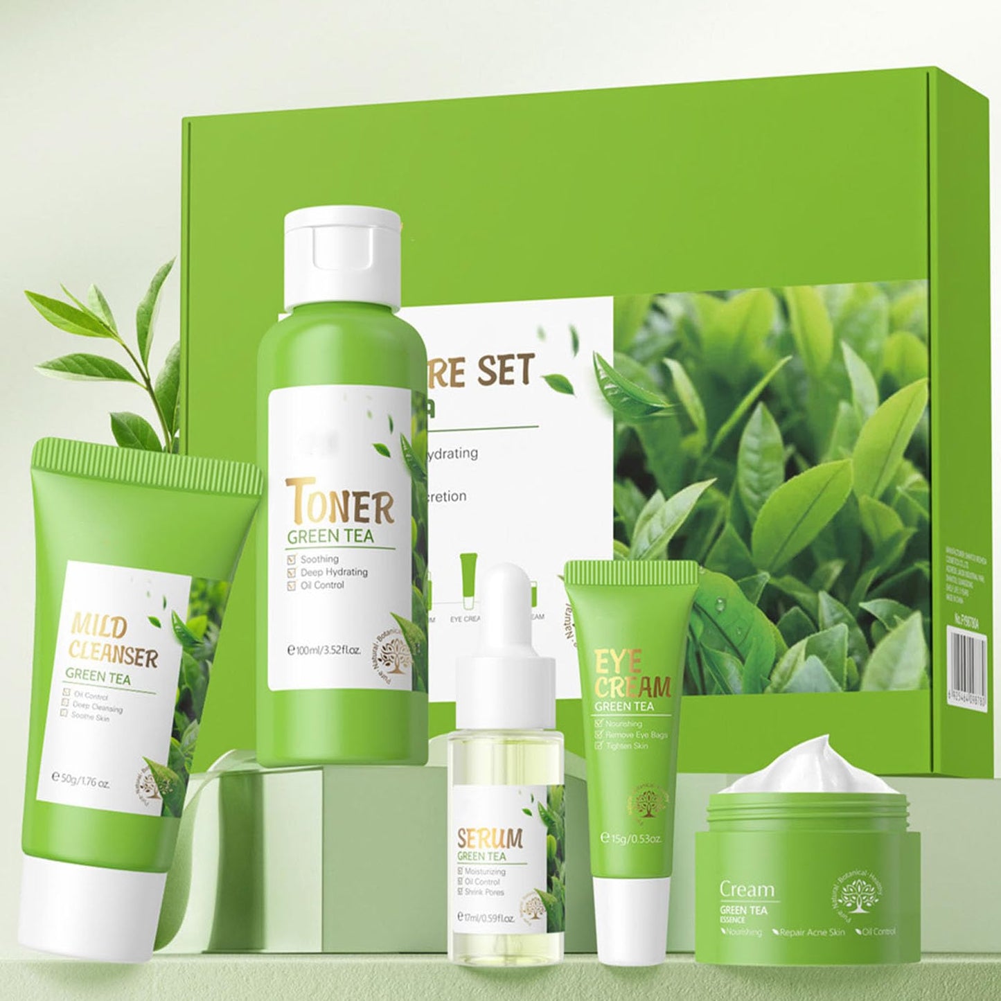 Green Tea Skincare Set, 5 Pcs Skincare Gift Set with Cleanser, Face Serum, Face Cream, Eye Cream, Toner , Skincare Kits For Teen Girls, Hydrating Facial Kit For Women