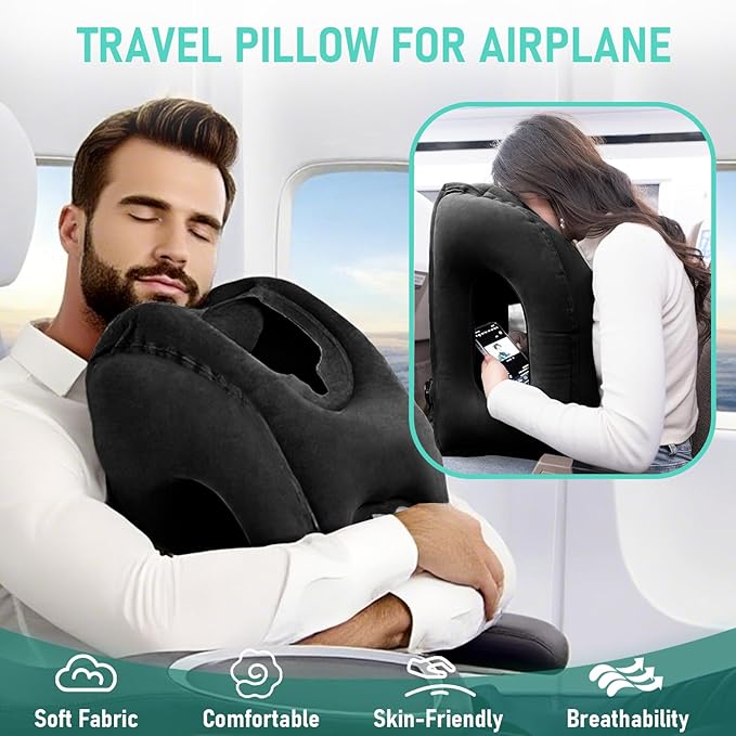Inflatable Travel Pillow for Airplanes, Airplane Pillow for Supports Neck, Used for Planes, Trains, Cars, Includes Storage Bag, Eye Mask & Earplugs (Black)