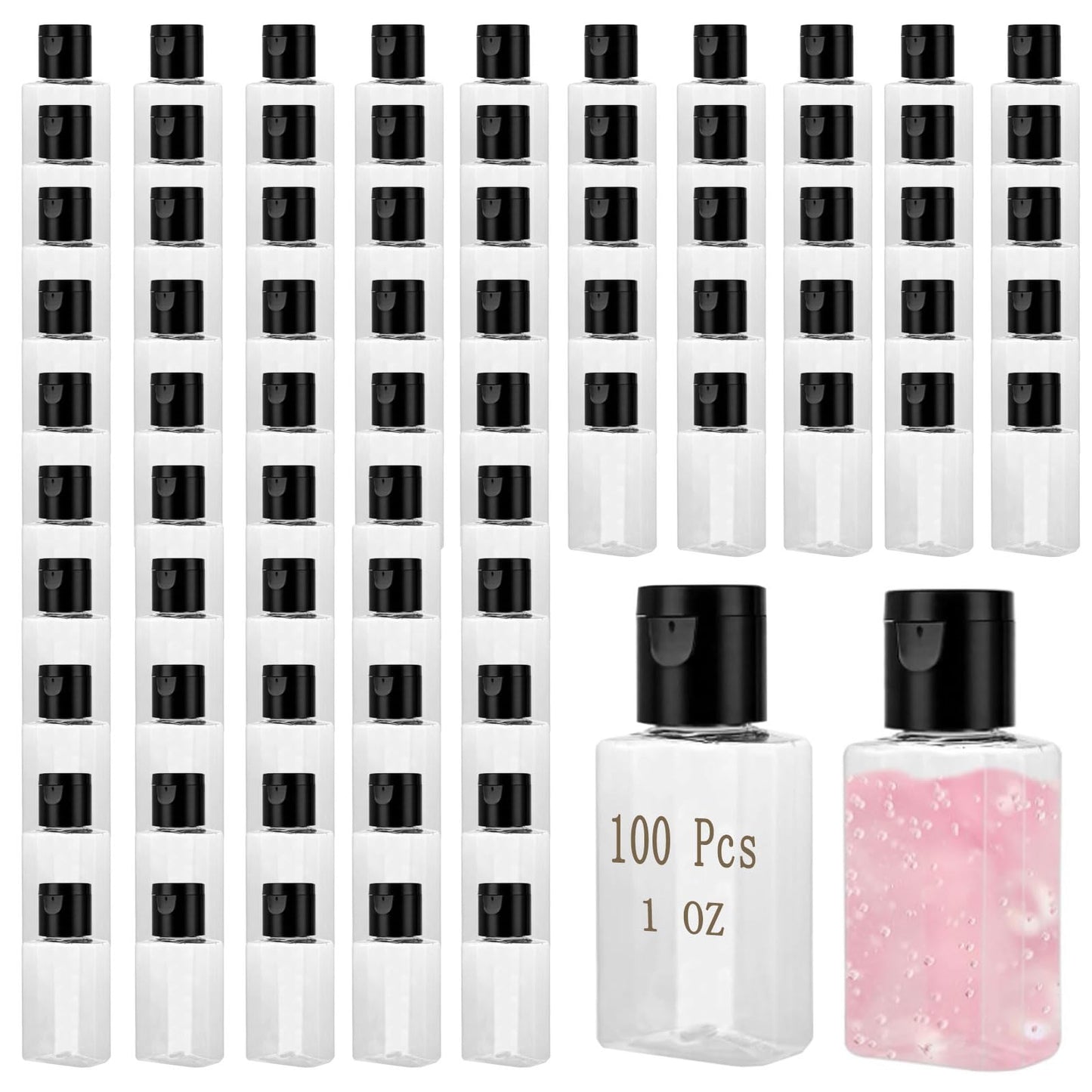 QTLCOHD 100 Pack 1 oz Travel Bottles, Mini Empty Hand Sanitizer Bottles with Flip Caps, Bulk Portable Refillable Containers for Shampoo, Shower Gel, Face Creams, Body Lotions