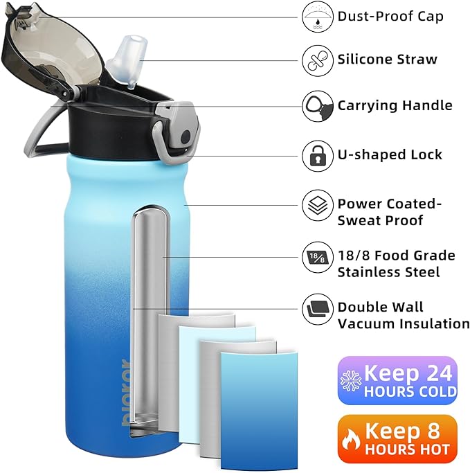 BJPKPK Water Bottle With Straw 18oz Insulated Water Bottles Reusable Stainless Steel Metal Thermo With Leak Proof Lockable Lid And Carry Handle,Sky