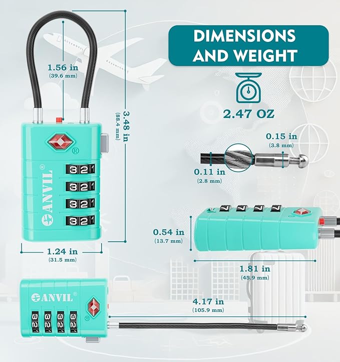 ANVIL 4 Digit Luggage Locks, TSA Locks for Luggage, Advanced TSA008 core, Alert Indicator for Your Travel Lock, Suitcase Lock. (4, Cyan)