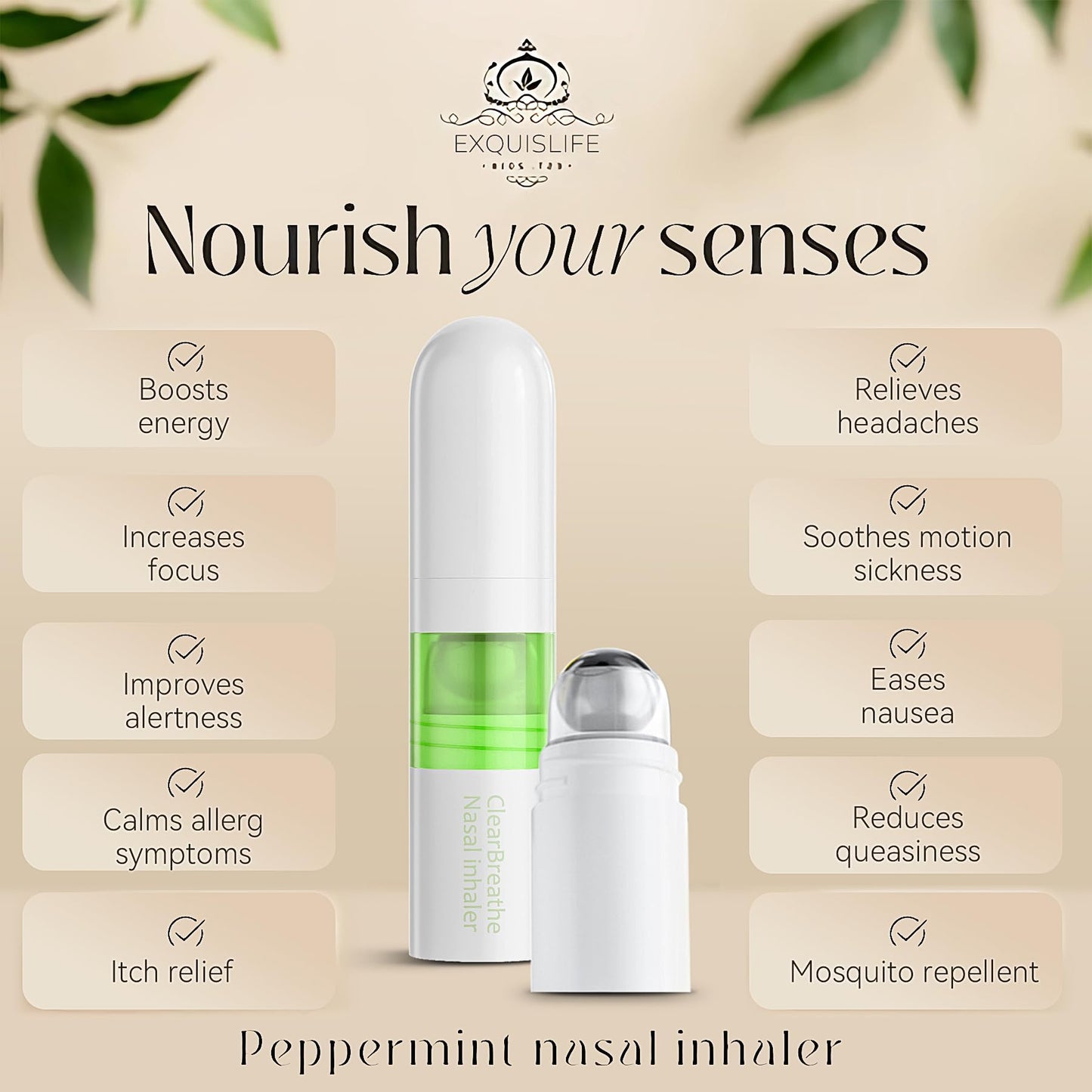 EXQUISLIFE Mint Nasal Stick with Peppermint Oil - Drug-Free Portable Nasal Inhaler for Sinus Relief & Mental Clarity, Soothing Aromatherapy Stick for Adults & Students, 1 Count (1)