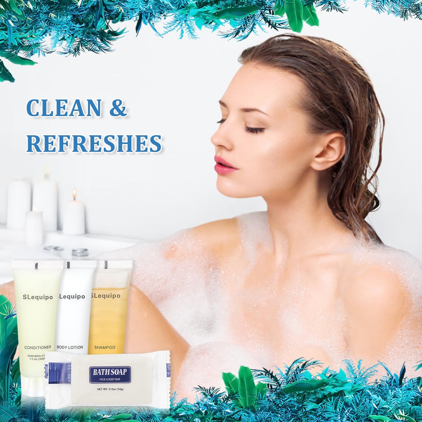 SLequipo 4-IN-1 Hotel Toiletries Bulk Set (100PCS) 4-Piece Set: 25 Hotel Bar Soap 0.5oz, 25 Hotel Shampoo, 25 Conditioner Travel Size, 25 Hotel Body Lotion - Bulk Mini Guest Amenities