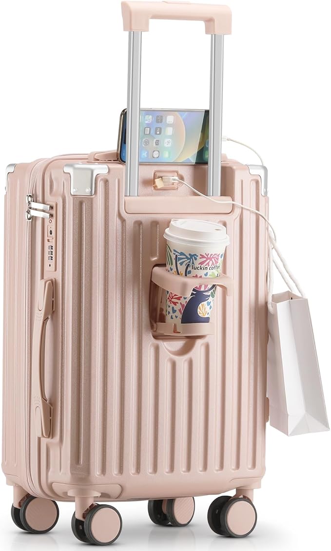 20 Inch Carry On Luggage With Cup Holder & USB Port, Airline Approved TSA-locked Luggage, Lightweight PC Material Travel Suitcase With 360° Spinner Wheel (20in-Pink, 20in)