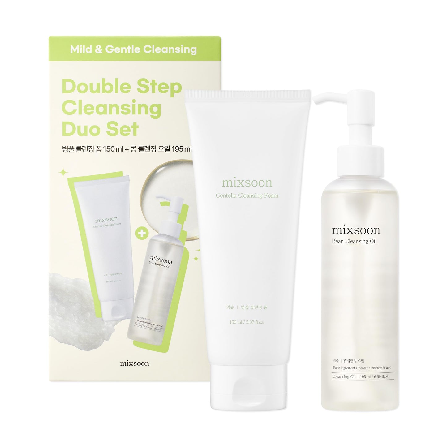 mixsoon Cleansing Set - Centella Foam 5.07 Fl. Oz / 150ml & Bean Oil 6.59 Fl. Oz / 195ml (Double Cleansing Set) Korean Glass Skin Care