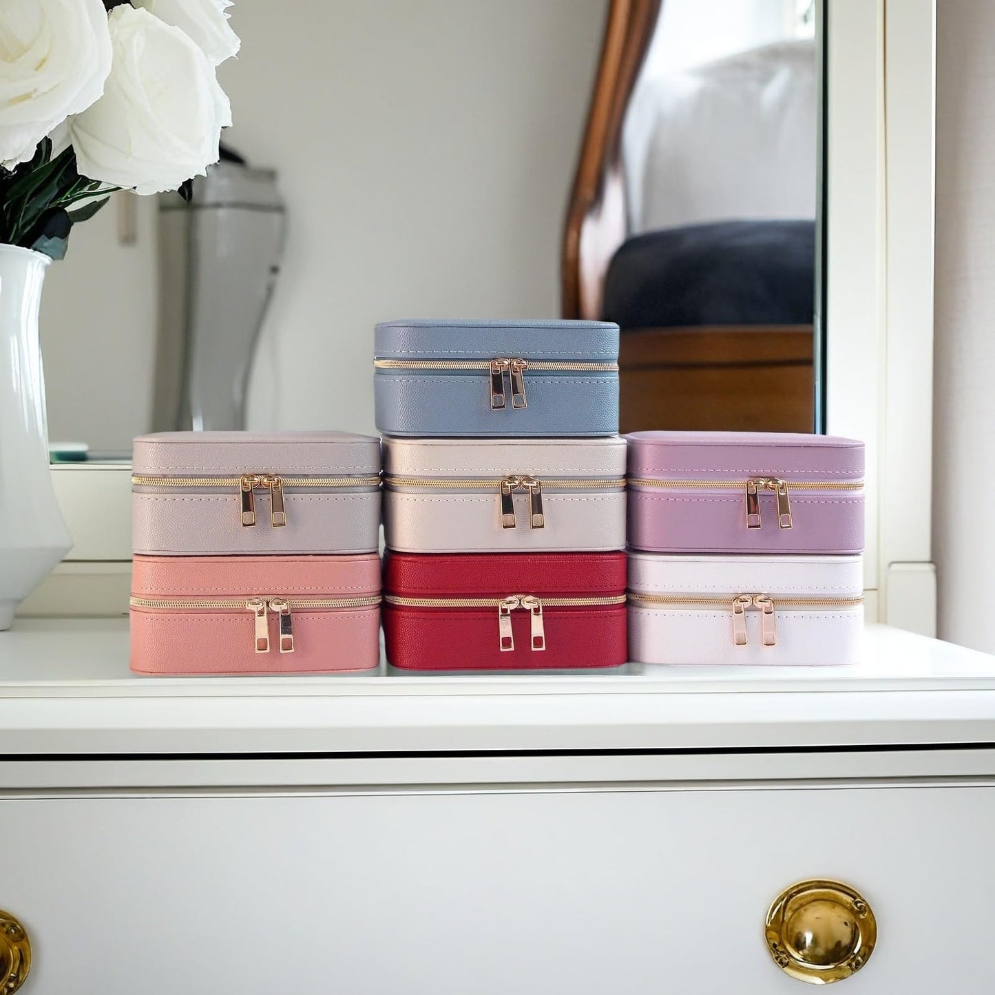 Betviv Travel Jewelry Box, Small Blue Case for Business Travel, PU Leather Compact Size, Curated Storage for Daily Jewelry | Dual-Zipper & Hidden Compartment | Anti-Tarnish Protection