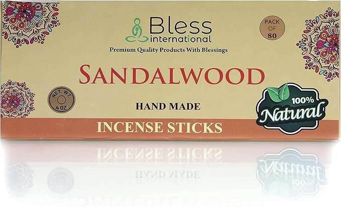 Bless-Sandalwood 100%-Natural-Handmade-Hand-Dipped-Incense-Sticks Organic-Chemicals-Charcoal-Free Purification-Relaxation-Positivity-Yoga-Meditation Best-Woods-Scent (80 Sticks (4.20 OZ))
