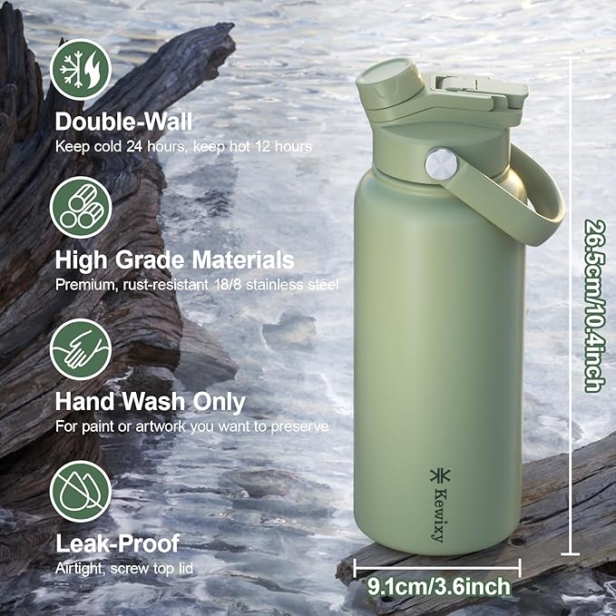 32 oz Insulated Water Bottle, 2-in-1 Lid, Straw & Spout with Protected, Leak Proof, Keep Cold, Stainless Steel, Metal, Reusable, Handle, for Outdoor, Gym and School, 2 Lids, Sage Green