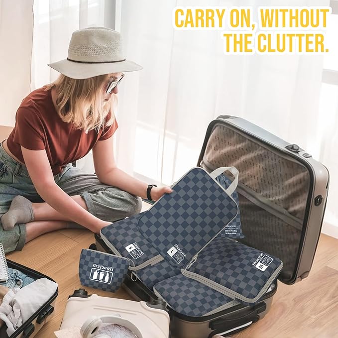 8 Set Compression Packing Cubes for Travel, Lightweight Dual Zipper Packing Cubes, Space-Saving Suitcase Organizer for Travel/Business Trip/Family Vacation (Blue-Gray Checkered)