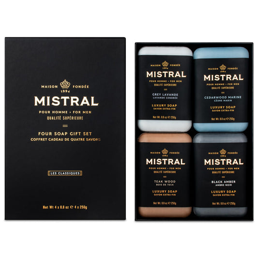 Mistral Men’s Luxury Bar Soap for Men | Gift Set (4 x 8.8 oz) – Grey Lavande, Cedarwood Marine, Teak Wood, Black Amber | Moisturizing, Triple-Milled Natural Soap for Men - Made in France
