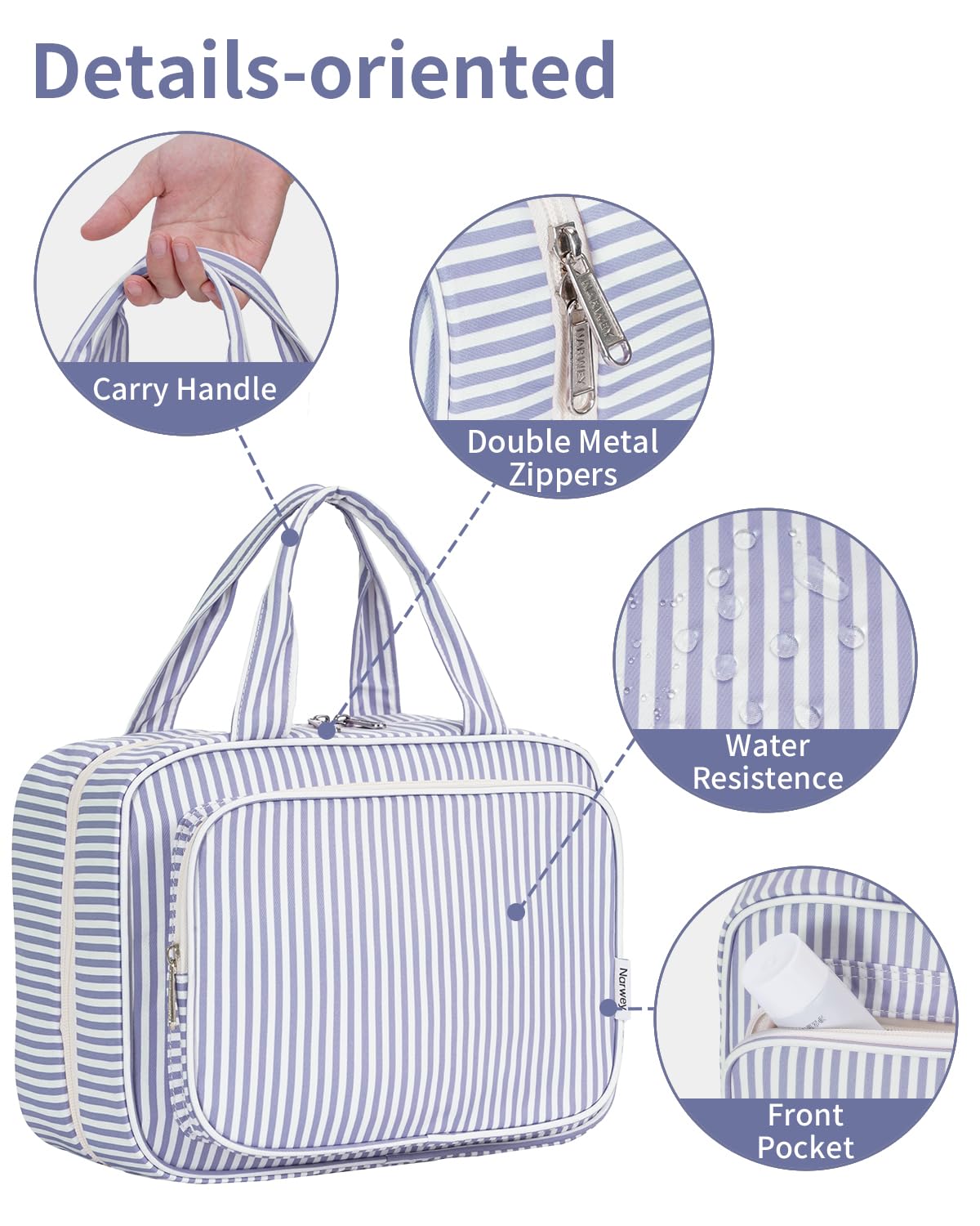 Narwey Striped Travel Toiletry Bag for Women Large Hanging Makeup Bag Organizer Toiletries Bag for Full Size Essentials Accessories Cosmetics (Greyish Blue Stripe (Large))