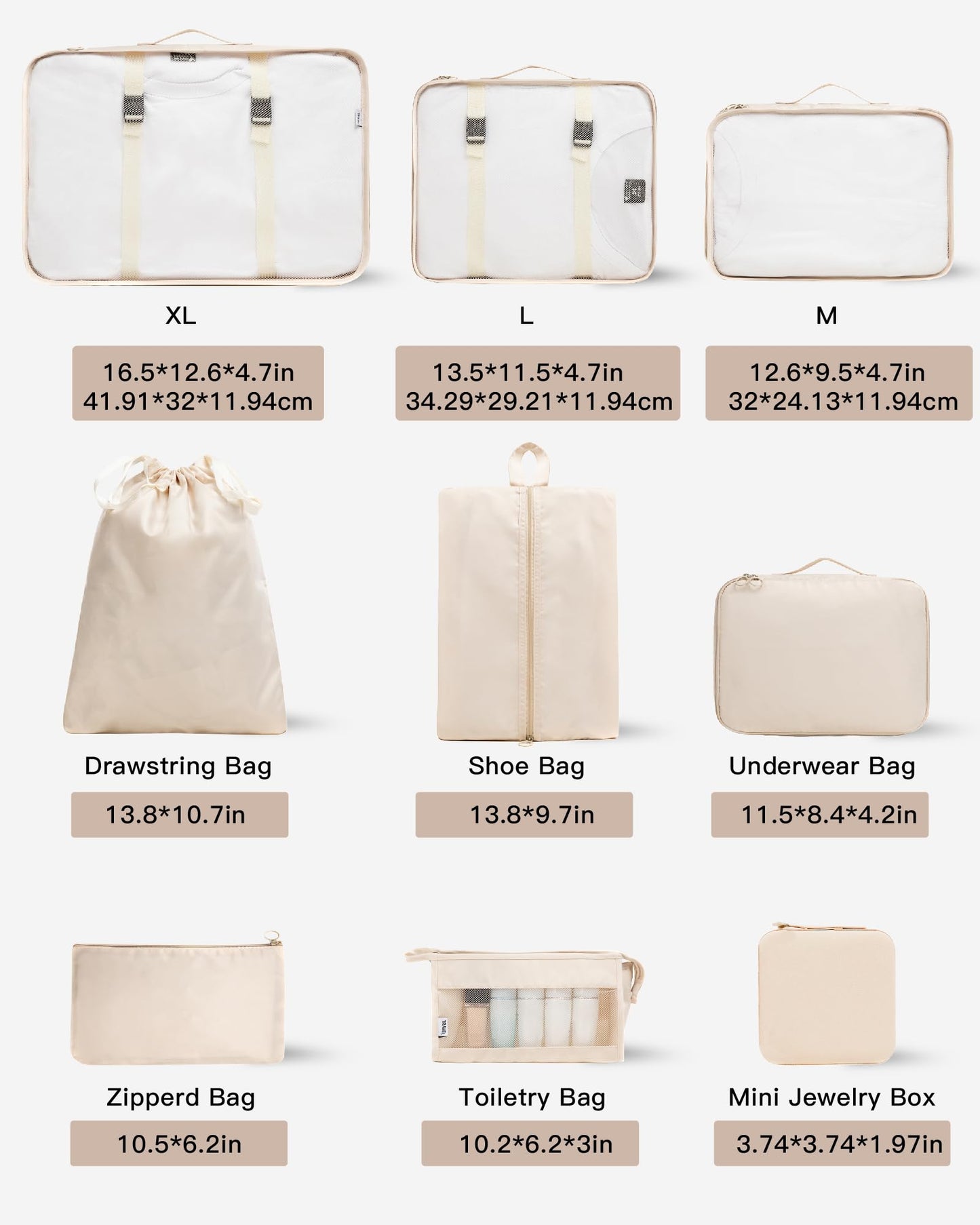 TRAILKICKER 9 Set Packing Cubes for Carry on Suitcase Travel Organizer Bags for Luggage Suitcase Organizer Bags Packing Cube Set for Packing Women Men (Beige)