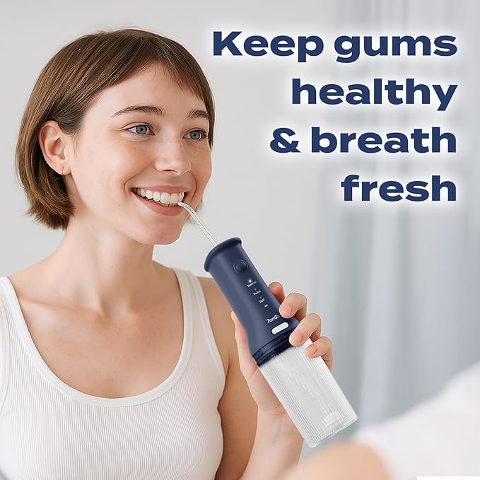 7AM2M Portable Water Flosser Cordless, Water Flosser for Teeth with 3 Modes and 2 Jet Tips, USB C Rechargeable, IPX7 Waterproof, Dental Water Flosser for Travel and Home Use (Navy Blue)