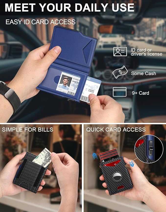 Airtag Wallet for Men, Minimalist Slim Mens Wallet Smart Pop Up Credit Card Holder for 9-13 Cards, RFID Blocking Wallet with ID Window & Cash Slot, Compact Bifold Metal Aluminum Card Case