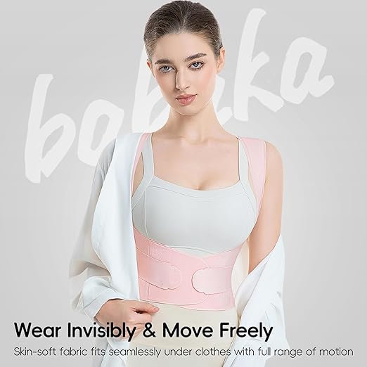 babaka Posture Corrector for Women, Invisible Lightweight Adjustable Back Brace for Upper and Lower Back Pain Relief, Hunchback, Hump, Scoliosis, Thoracic, Spine Corrector Under Clothes (Pink, Large, Waist: 33''-39'')