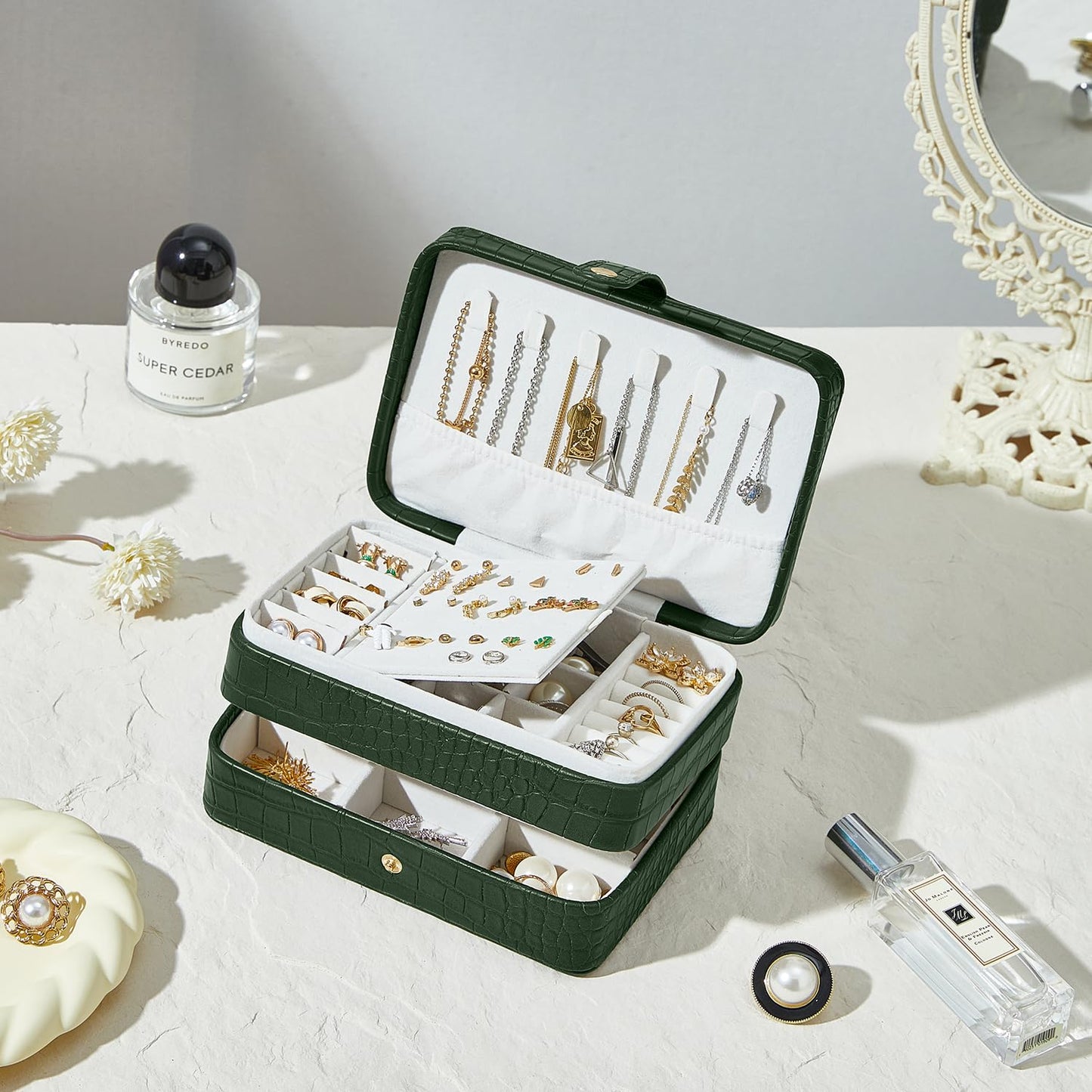 BUTI4WLD PU Leather Travel Jewelry Organizer Case for Women & Girls, 2-Layer Portable Jewelry Box for Earrings, Rings, Necklaces, Bracelets, Compact Jewelry Storage (Green)