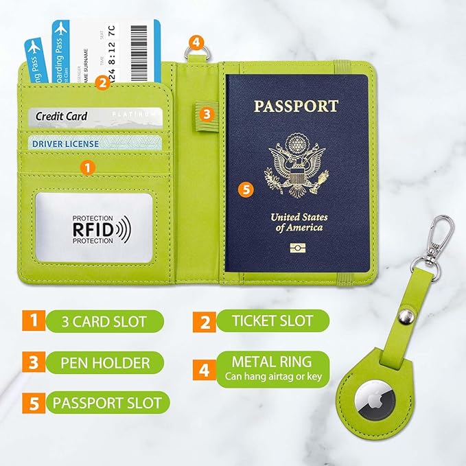Cnycmy Passport Holder with Airtag slot,Passport-Wallet-Holder for Women,for Family, Rfid Passport Book Card Slot Waterproof, passport holder for travel (grass green1)