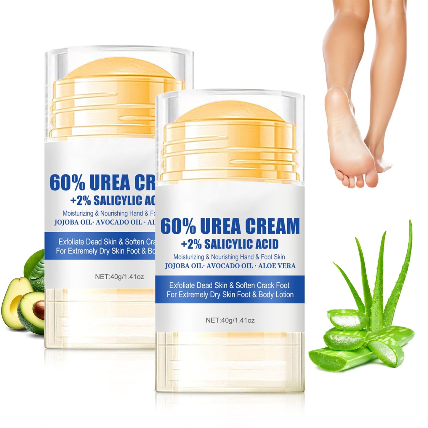 60% Urea Plus 2% Salicylic Acid Foot Balm Stick, 2025 Upgraded Urea Cream Moisturising and Relieves Cracking & Dryness, Natural Formula Cracked Heel Stick Repairs Dry Cracked for Feet and Hand (2PC)