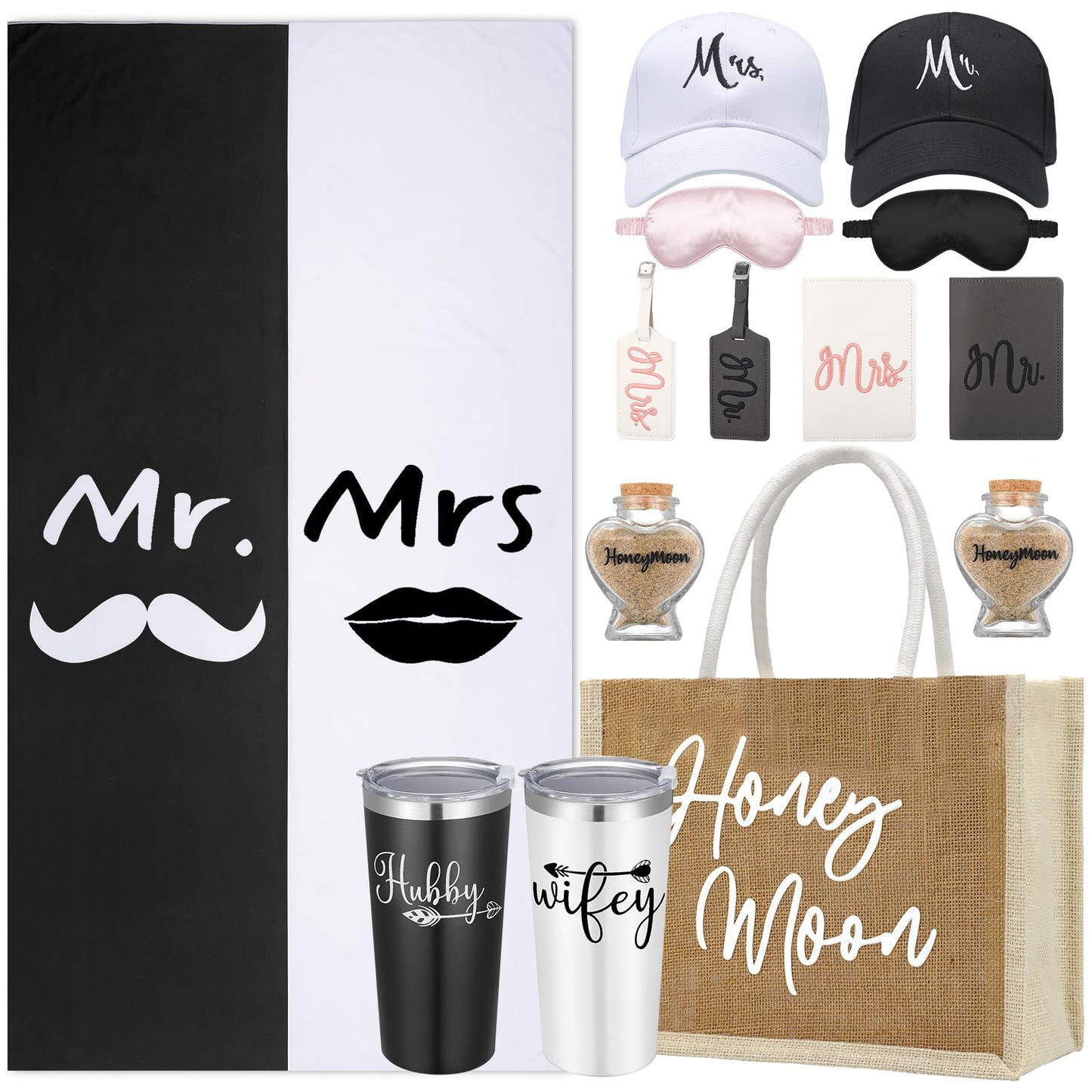 Rtteri 14 Pieces Wedding Gift Set for Couple - Mr & Mrs Honeymoon Gifts Include Wedding Towels, 20 oz Wine Tumbler, Hat, Passport Holder, Baggage Tag, Glass Bottle, Honeymoon Tote Bag