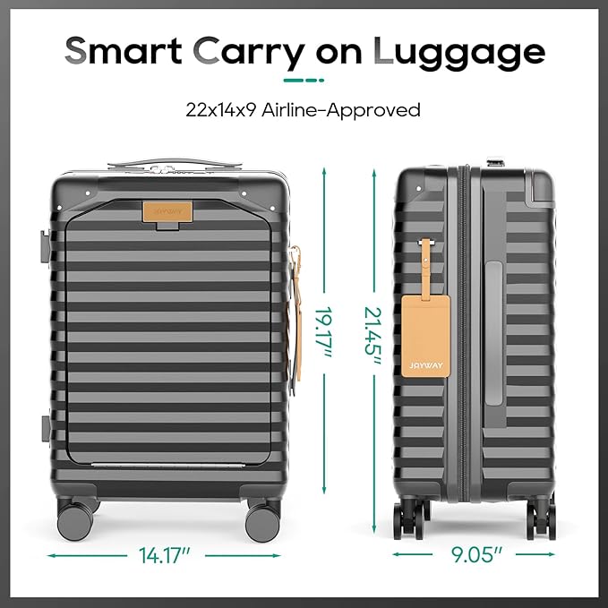 Joyway 20 Inch Carry on Luggage with Front Pocket, PC Hardshell Carry-on Suitcase with USB Port and Cup Holder, 21.5x14.2x9 Airline Approved, Luggage with Spinner Wheels and TSA Lock (Grey)