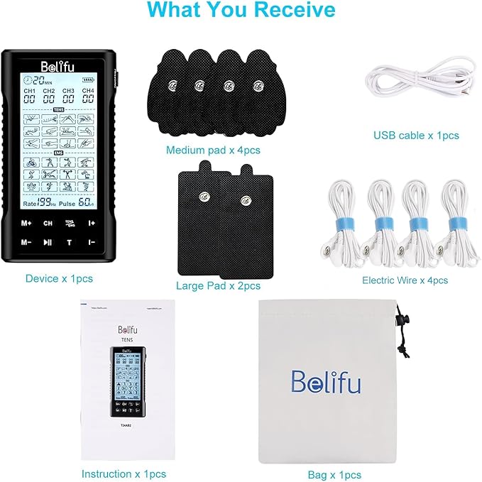 Belifu 4 Channel Tens Unit Electro Muscle Stimulator, Fully Isolated with Independent 24 Modes, Rechargeable Pulse Massager with Electrodes Pads for Neck Back Arms Chronic Pain Relief Body Building