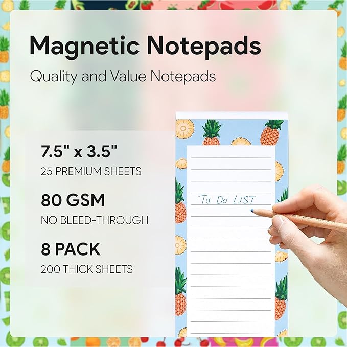8 Magnetic Notepads – Notepads for Grocery List, Shopping List, To-Do List, Reminders -Strong Magnetic Back- Memo Notepad with Realistic Fruit Designs | 25 Sheets per Pad 7.5 x 3.5 inch (8 Pack)