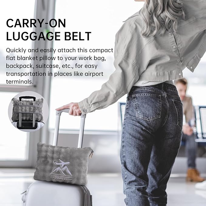 Travel Blanket and Pillow-2-in-1, Ultra-Soft&Compact, One-Piece Airplane Blanket with Hand Luggage Belt and Backpack Clip,Travelers Accessories Gifts, 61x43 Inches (Gray)
