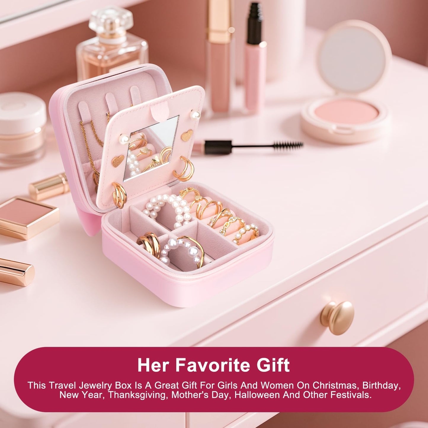 Tizuxa Cute Cat Travel Jewelry Case with Mirror, Silicone Portable Mini Small Jewelry Box Organizer for Women Girls Mom, Wedding, Birthday Gift - Pink