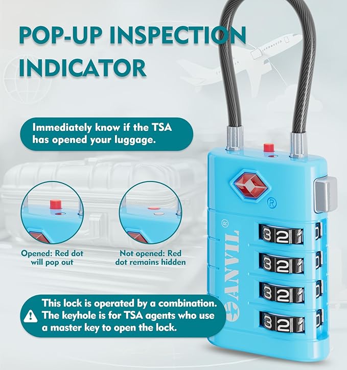ANVIL 4 Digit Luggage Locks, TSA Locks for Luggage, Advanced TSA008 core, Alert Indicator for Your Travel Lock, Suitcase Lock. (2, Blue)