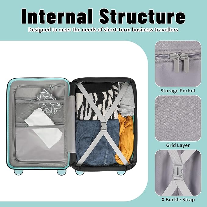 22×14×9 Airline Approved Carry On Luggage with Front Open Pocket Expandable, Spinner Wheels, ABS+PC Hardshell Small 20inch Suitcase with Protective Cover and Luggage Tag, Mint Green