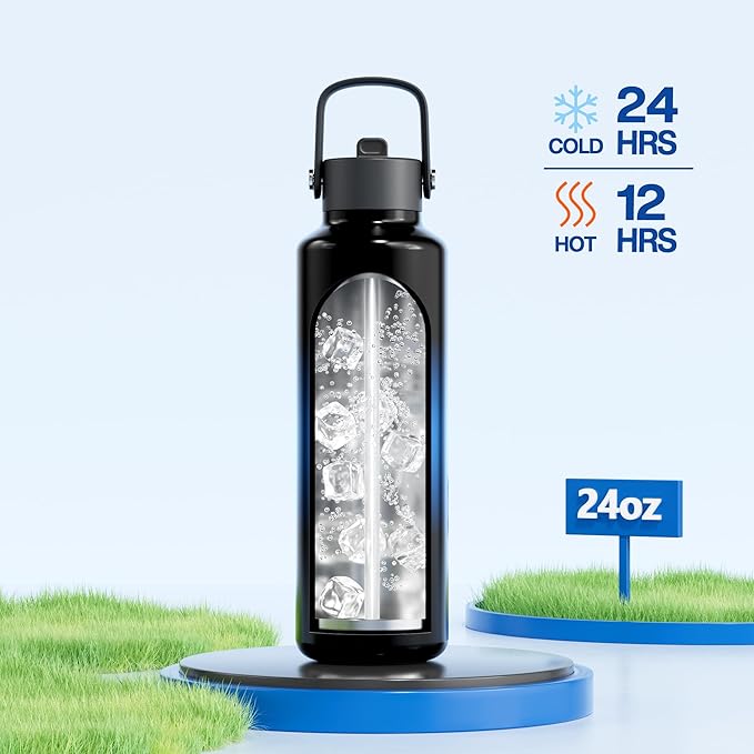 24 oz Water Bottle with Handle for Men: Spill Proof Lid with Straw, Flex Cap, Cold for 24 Hrs, Hot for 10 hrs, Vacuum Stainless Steel Thermos for Walking, Hiking, Travel, Sport, Gym (Twilight Night)