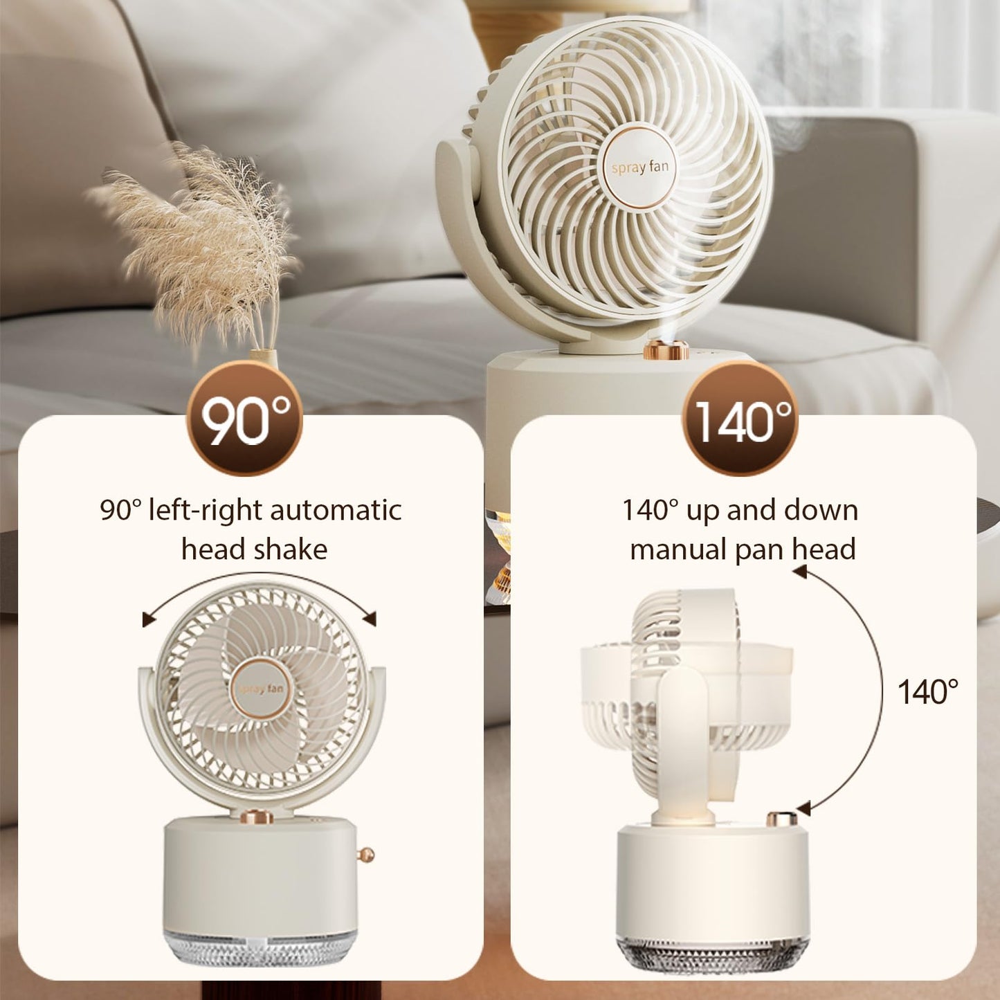 Portable Table Fans, 3 Speeds Air Circulator Fan Low Noise Quiet Desk Fan with Humidifier, Strong Airflow 90°Rotate Cooling Fan with 6 Color Light for Home Bedroom Office (White)