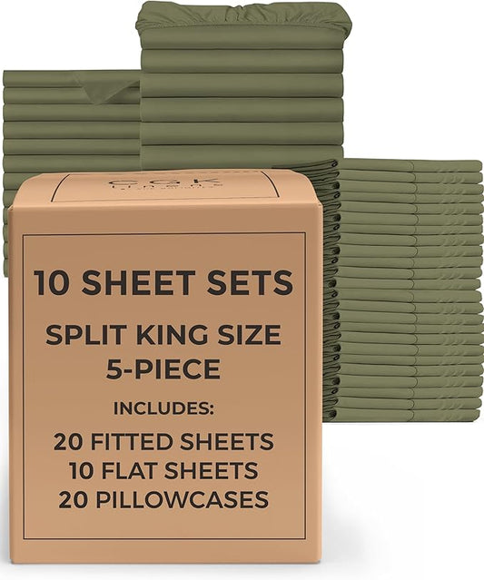 Bulk Case Pack of 10 Sheet Sets - (10) Complete Split King Size Sheet Sets with Deep Pockets - Wholesale Bulk Bedding for Hotels, Spas & Airbnbs - Breathable & Wrinkle Free - (Split King, Sage Green)