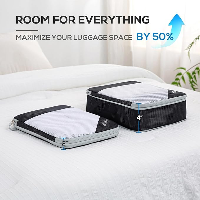 Compression Packing Cubes, 5 Set Packing Cubes for Travel Compression, Lightweight Compressible Package Organizer for Carry On and Suitcases, Black