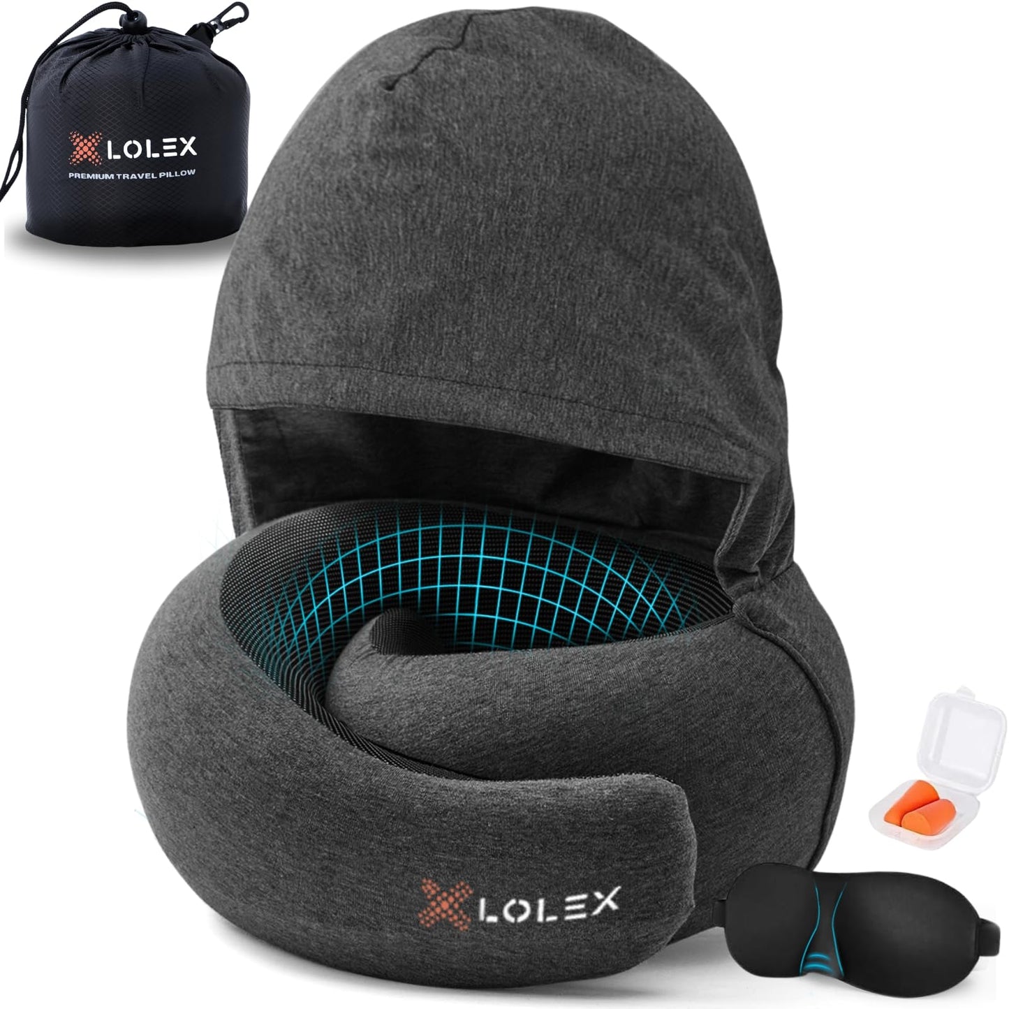 LOLEX™ Hooded Pro Travel Pillow - Memory Foam Neck Support Pillow for Airplane, Flight - Super-Soft Pure Cotton Fabric, Maximum Privacy & Light-Block Design, Lightweight Full Travel Kit - Dark Grey