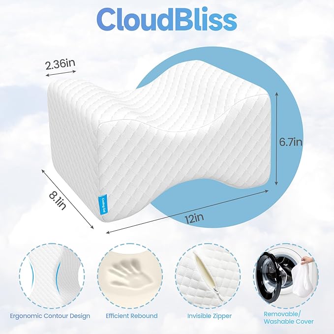 CloudBliss Knee Pillow for Side Sleepers - Cooling Leg Pillow for Side Sleeping, Memory Foam Knee Pillow for Hip Pain, Lower Back Pain, Sciatica Pain, Knee Wedge Pillow with Contour Design, White