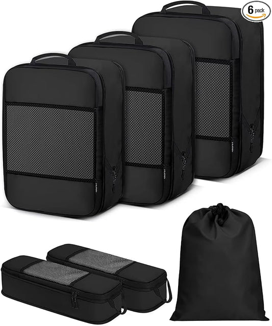 6 PCS Set Compression Packing Cubes for Travel, Lightweight Packing Organizer Bags Travel Essentials for Carry On, Suitcase, Home Closet - Black