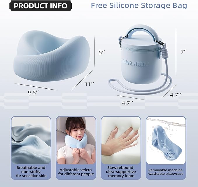 Travel Pillow - Memory Foam Neck Pillow Airplane, Neck Travel Airplane Pillow for Long Flight, 360º Support Plane Pillow, Machine Washable (Blue)