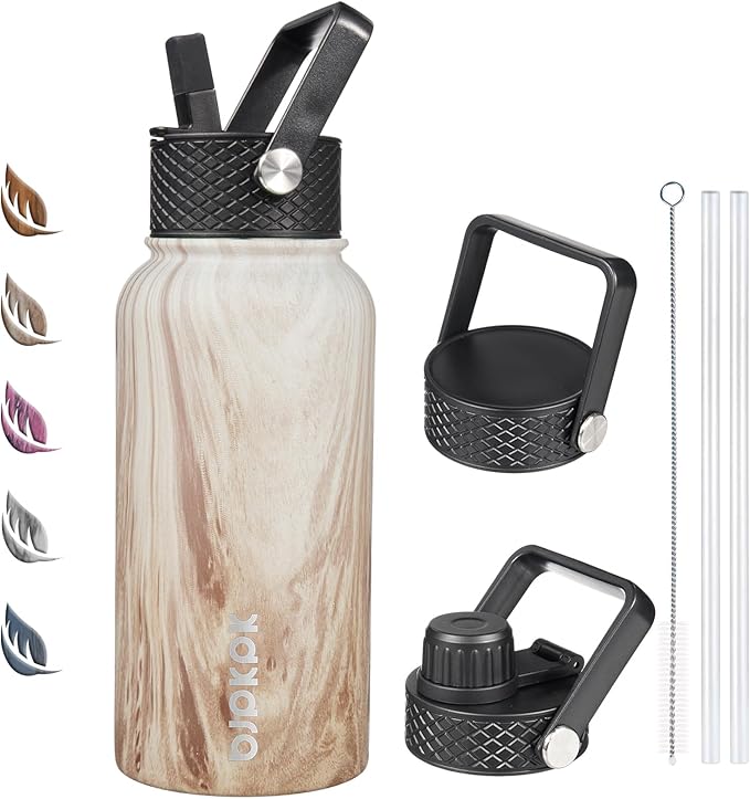 BJPKPK Insulated Water Bottles with Straw Lid, 27oz Stainless Steel Water Bottle with 3 Lids, Leak Proof BPA Free Metal Thermo, Mugs, Tumblers, Keep Cold Hot - Wood- Yellow Gray
