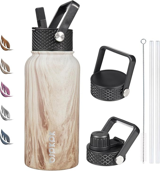 BJPKPK Insulated Water Bottles with Straw Lid, 27oz Stainless Steel Water Bottle with 3 Lids, Leak Proof BPA Free Metal Thermo, Mugs, Tumblers, Keep Cold Hot - Wood- Yellow Gray