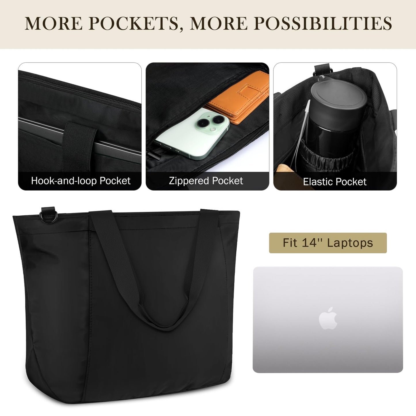 Vinabilia Tote Bag for Women, Lightweight Foldable Tote Bag With Zipper Shoulder Bag Large Top Handle Handbag for Travel, Work, Gym, Black