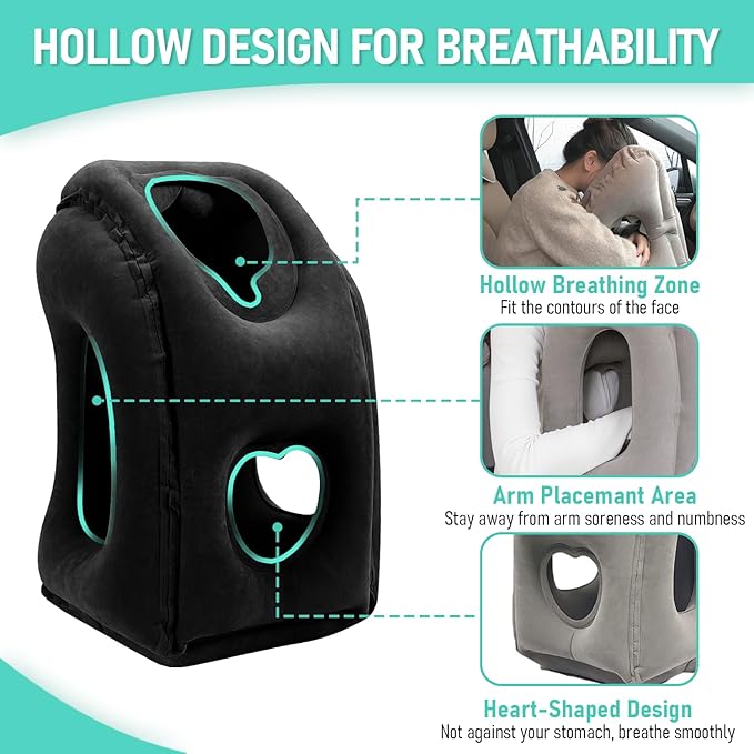 Inflatable Travel Pillow for Airplanes, Airplane Pillow for Supports Neck, Used for Planes, Trains, Cars, Includes Storage Bag, Eye Mask & Earplugs (Black)