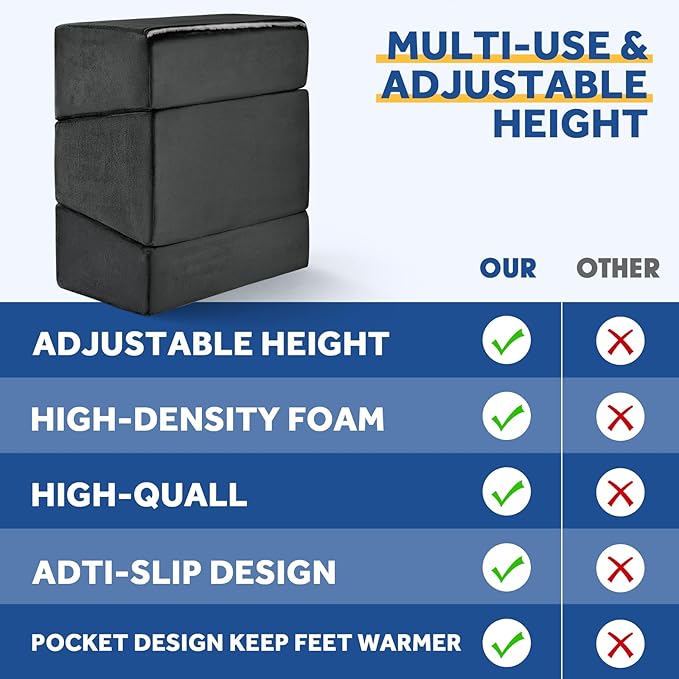 Foot Rest for Under Desk at Work, Adjustable Footrest for Office Chair & Gaming Chair,Ergonomic Footrest Pillow Desk Foot Stool with Washable Cover for Home, Airplane, Travel (Black)