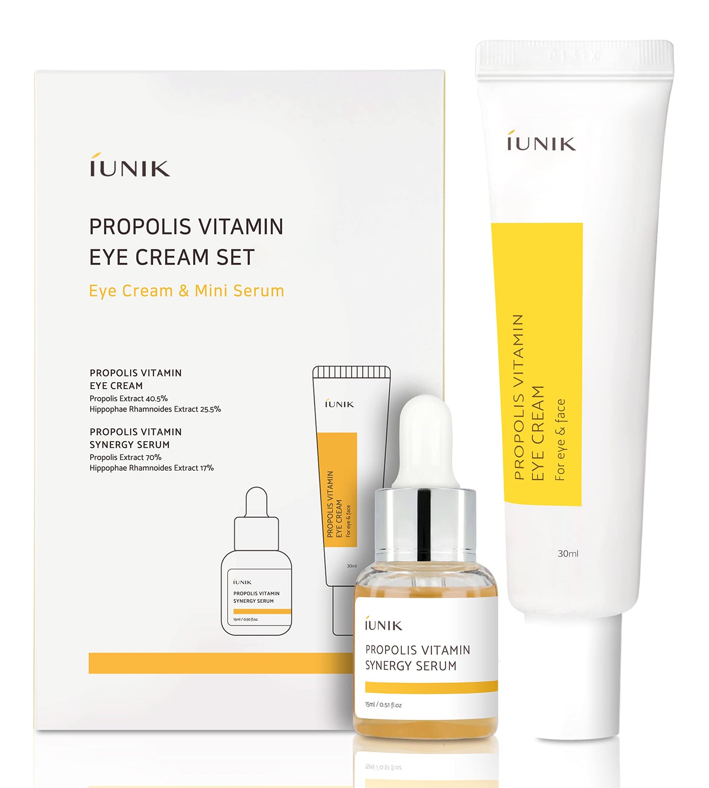 iUNIK Propolis Vitamin Eye Cream Set (Eye Cream 1.01 fl.oz. & Mini Serum 0.51 fl.oz.) - Featuring Propolis Extract, Idebenone, Buckthorn
