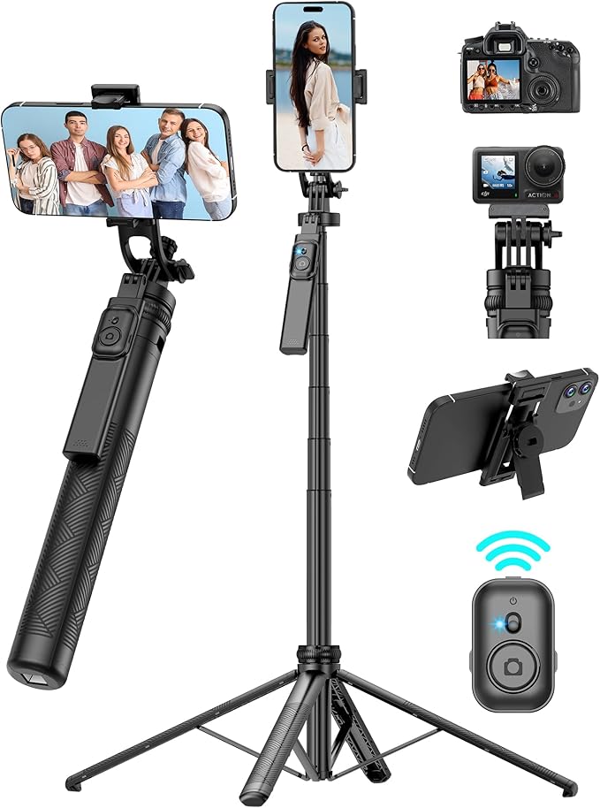 71" Cell Phone Tripod & Selfie Stick, for iPhone Tripo d Stand, Travel Tripod with Remote, Phone Selfie Stick for iPhone 11/14/ 15/16 Compatible with All Phones,for gopro and Cameras